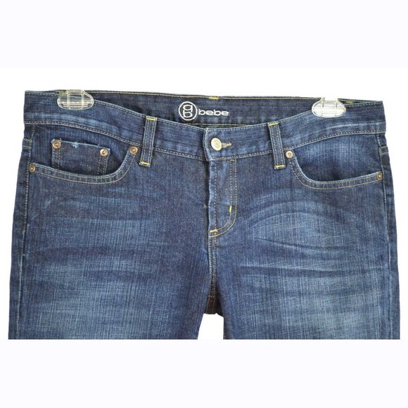BeBe Dark Denim Jeans Size 31 Back Pocket Silver Sequin Detail Logo Boot Cut - Picture 2 of 7